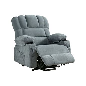 HomeRoots 39" Blue Faux Leather Leather Heated Massage Lift Assist Recliner With USB