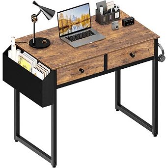 KSIZUIS 31" Computer Desk with 2 Drawers - Storage Fabric Drawer & Bag for Small Spaces, Rustic Brow