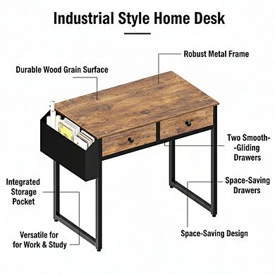 KSIZUIS 31" Computer Desk with 2 Drawers - Storage Fabric Drawer & Bag for Small Spaces, Rustic Brow
