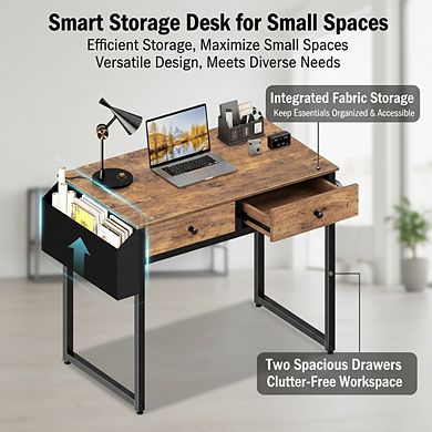 KSIZUIS 31" Computer Desk with 2 Drawers - Storage Fabric Drawer & Bag for Small Spaces, Rustic Brow
