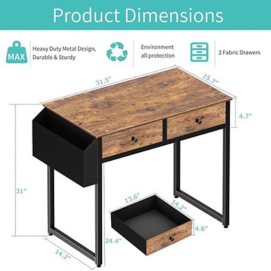 KSIZUIS 31" Computer Desk with 2 Drawers - Storage Fabric Drawer & Bag for Small Spaces, Rustic Brow