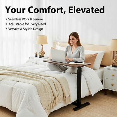 KSIZUIS Adjustable Overbed Table - Medical & Home Use with Hidden Wheels, 28"x16" Walnut Brown