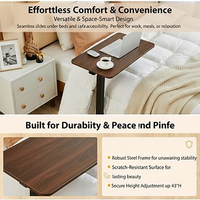 KSIZUIS Adjustable Overbed Table - Medical & Home Use with Hidden Wheels, 28"x16" Walnut Brown