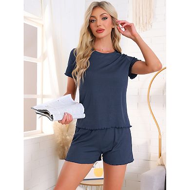 2 Sets Women's Pajama Set Soft Short Sleeve Shorts Set Crewneck Ruffle Lounge Set with Pocket