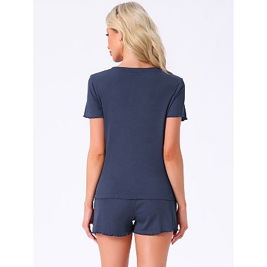 2 Sets Women's Pajama Set Soft Short Sleeve Shorts Set Crewneck Ruffle Lounge Set with Pocket