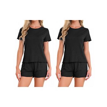 2 Sets Women's Pajama Set Soft Short Sleeve Shorts Set Crewneck Ruffle Lounge Set with Pocket