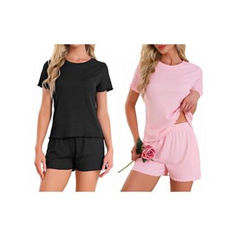 2 Sets Women's Pajama Set Soft Short Sleeve Shorts Set Crewneck Ruffle Lounge Set with Pocket