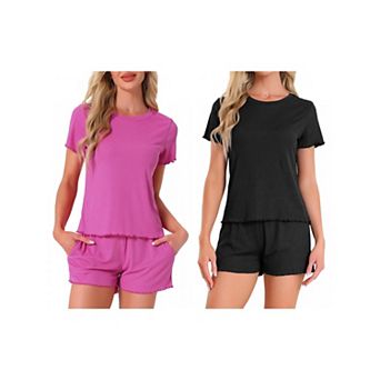 2 Sets Women's Pajama Set Soft Short Sleeve Shorts Set Crewneck Ruffle Lounge Set with Pocket