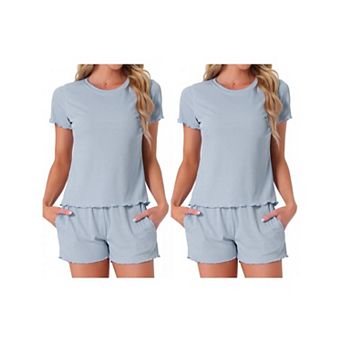 2 Sets Women's Pajama Set Soft Short Sleeve Shorts Set Crewneck Ruffle Lounge Set with Pocket