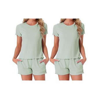2 Sets Women's Pajama Set Soft Short Sleeve Shorts Set Crewneck Ruffle Lounge Set with Pocket
