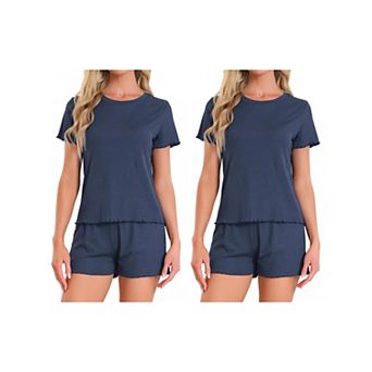 2 Sets Women's Pajama Set Soft Short Sleeve Shorts Set Crewneck Ruffle Lounge Set with Pocket