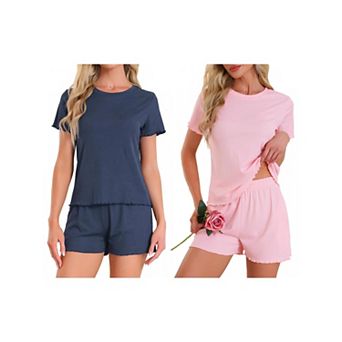 2 Sets Women's Pajama Set Soft Short Sleeve Shorts Set Crewneck Ruffle Lounge Set with Pocket