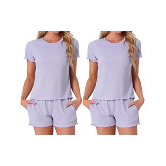 2 Sets Women's Pajama Set Soft Short Sleeve Shorts Set Crewneck Ruffle Lounge Set with Pocket