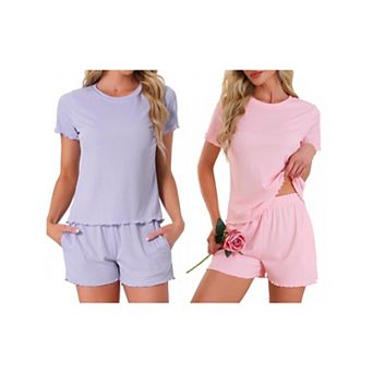 2 Sets Women's Pajama Set Soft Short Sleeve Shorts Set Crewneck Ruffle Lounge Set with Pocket