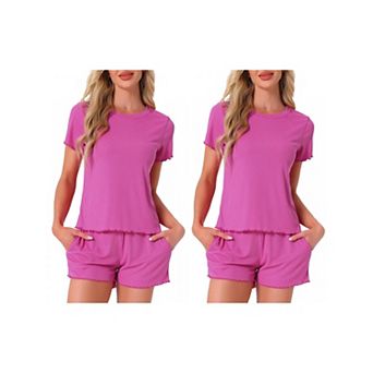 2 Sets Women's Pajama Set Soft Short Sleeve Shorts Set Crewneck Ruffle Lounge Set with Pocket