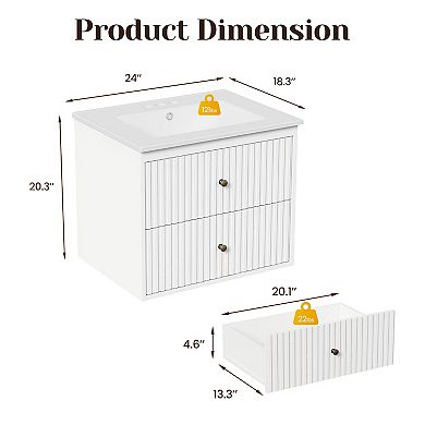 24" Bathroom Vanity with Sink, 2 Fluted Drawers, Floating Wall Mounted Storage Cabinet Combo Set