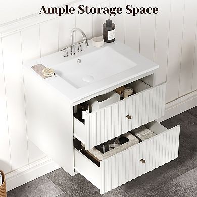 24" Bathroom Vanity with Sink, 2 Fluted Drawers, Floating Wall Mounted Storage Cabinet Combo Set