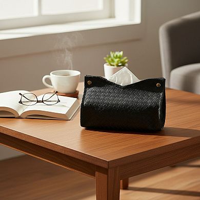 3-piece Woven Texture Faux Leather Tissue Holder with Snap Closure Design