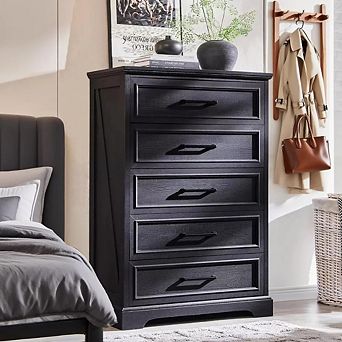 5 Drawer Dressers for Bedroom, 46" Tall Farmhouse Chest of Drawer w/ Wide Metal Handle, Wood Drawer