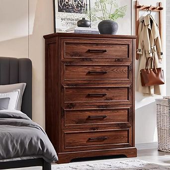 5 Drawer Dressers for Bedroom, 46" Tall Farmhouse Chest of Drawer w/ Wide Metal Handle, Wood Drawer