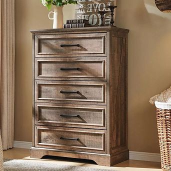 5 Drawer Dressers for Bedroom, 46" Tall Farmhouse Chest of Drawer w/ Wide Metal Handle, Wood Drawer