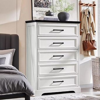 5 Drawer Dressers for Bedroom, 46" Tall Farmhouse Chest of Drawer w/ Wide Metal Handle, Wood Drawer