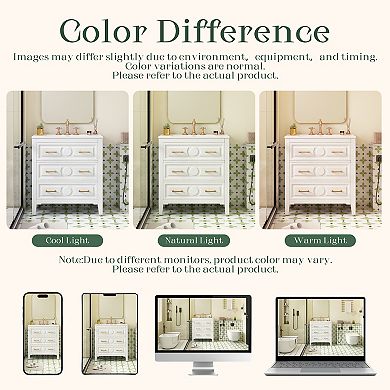 30-inch Freestanding Bathroom Vanity with Ceramic Sink, Single Vanity Set with 3 Drawers, White