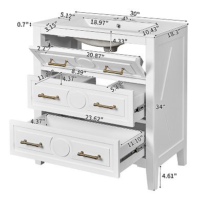30-inch Freestanding Bathroom Vanity with Ceramic Sink, Single Vanity Set with 3 Drawers, White