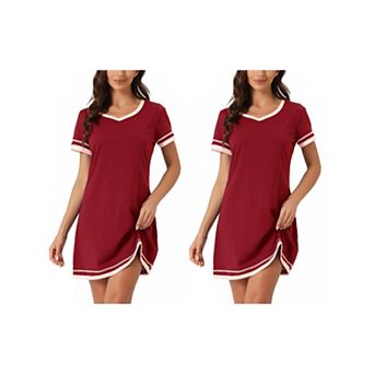 2 Packs Women's Short Sleeve Nightshirt Contrast Color V Neck Nightgown Sleepdress