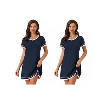 2 Packs Women's Short Sleeve Nightshirt Contrast Color V Neck Nightgown Sleepdress