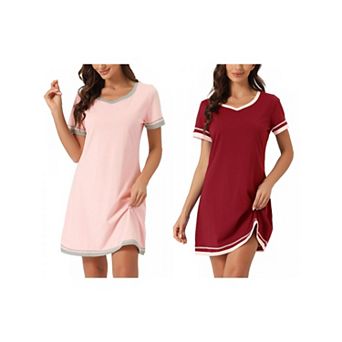 2 Packs Women's Short Sleeve Nightshirt Contrast Color V Neck Nightgown Sleepdress