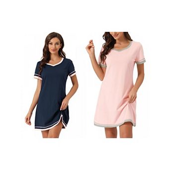 2 Packs Women's Short Sleeve Nightshirt Contrast Color V Neck Nightgown Sleepdress