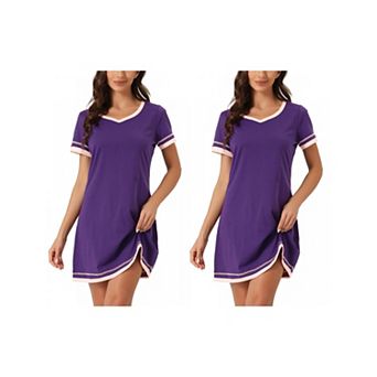 2 Packs Women's Short Sleeve Nightshirt Contrast Color V Neck Nightgown Sleepdress