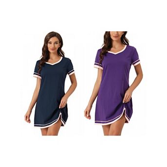 2 Packs Women's Short Sleeve Nightshirt Contrast Color V Neck Nightgown Sleepdress