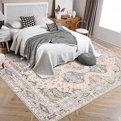 Persian Style Diamond Print Area Rug, Machine Washable & Soft, Pet & Baby Friendly Floor Mat