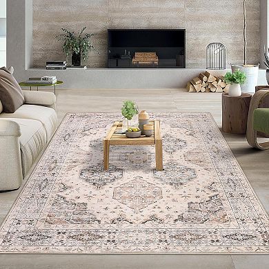 Persian Style Diamond Print Area Rug, Machine Washable & Soft, Pet & Baby Friendly Floor Mat