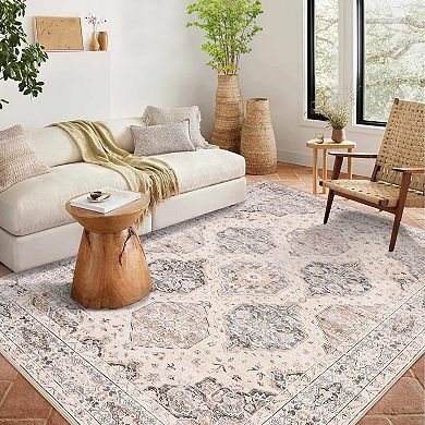 Persian Style Diamond Print Area Rug, Machine Washable & Soft, Pet & Baby Friendly Floor Mat