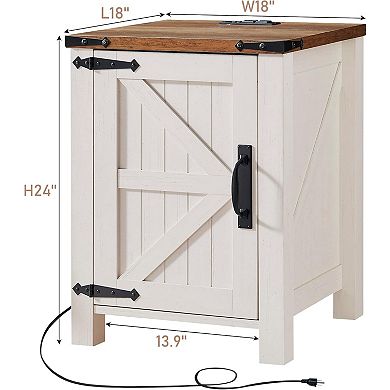 18" Farmhouse Nightstand with Charging Station, End Table w/Barn Door. Side Table for Living Room
