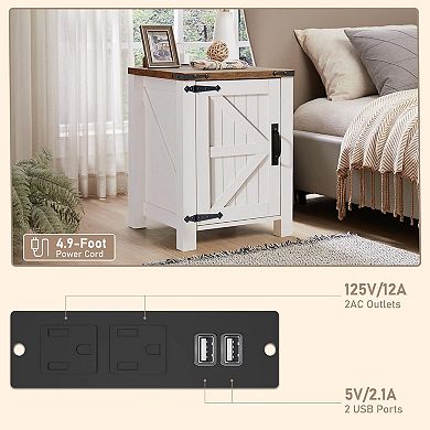 18" Farmhouse Nightstand with Charging Station, End Table w/Barn Door. Side Table for Living Room