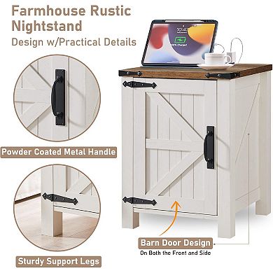 18" Farmhouse Nightstand with Charging Station, End Table w/Barn Door. Side Table for Living Room