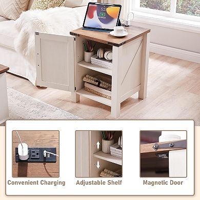18" Farmhouse Nightstand with Charging Station, End Table w/Barn Door. Side Table for Living Room