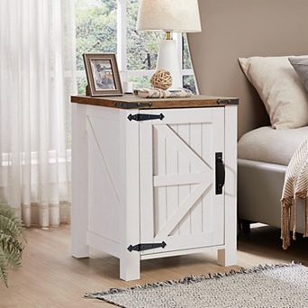 18" Farmhouse Nightstand with Charging Station, End Table w/Barn Door. Side Table for Living Room