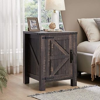 18" Farmhouse Nightstand with Charging Station, End Table w/Barn Door. Side Table for Living Room
