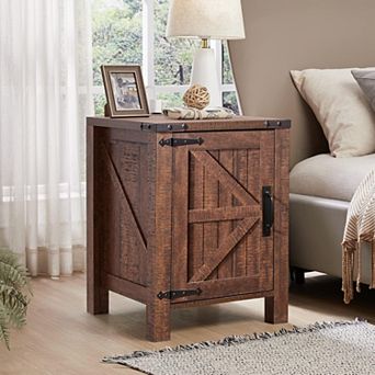18" Farmhouse Nightstand with Charging Station, End Table w/Barn Door. Side Table for Living Room