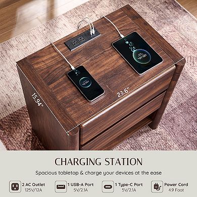 2PCS Modern 2-Drawer Nightstand with Charging Station, Open Shelf, Rounded End Table for Living Room