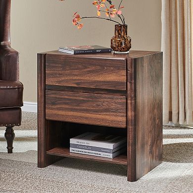 2PCS Modern 2-Drawer Nightstand with Charging Station, Open Shelf, Rounded End Table for Living Room