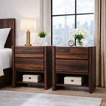 2 pc Modern 2-Drawer Nightstand with Charging Station, Open Shelf, Rounded End Table for Living Room