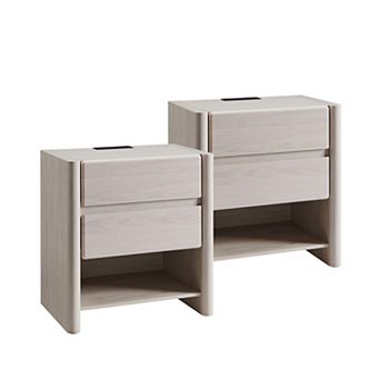 2 pc Modern 2-Drawer Nightstand with Charging Station, Open Shelf, Rounded End Table for Living Room