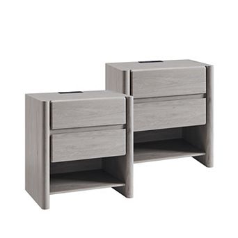 2 pc Modern 2-Drawer Nightstand with Charging Station, Open Shelf, Rounded End Table for Living Room