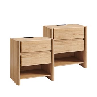 2 pc Modern 2-Drawer Nightstand with Charging Station, Open Shelf, Rounded End Table for Living Room